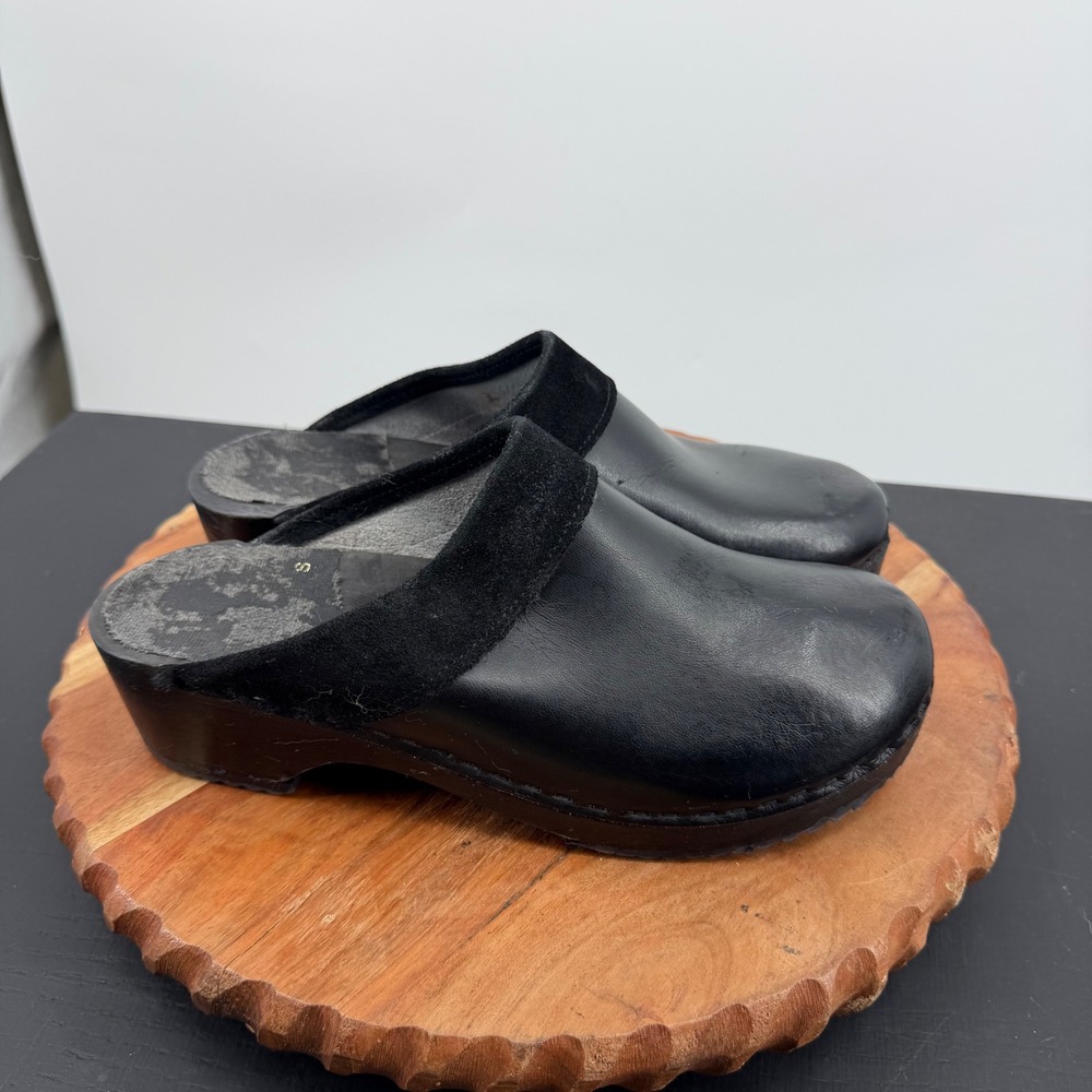 Vollsjo Swedish Leather Clogs Women Size 41 11 Black Suede Trim Wood Sole Mules